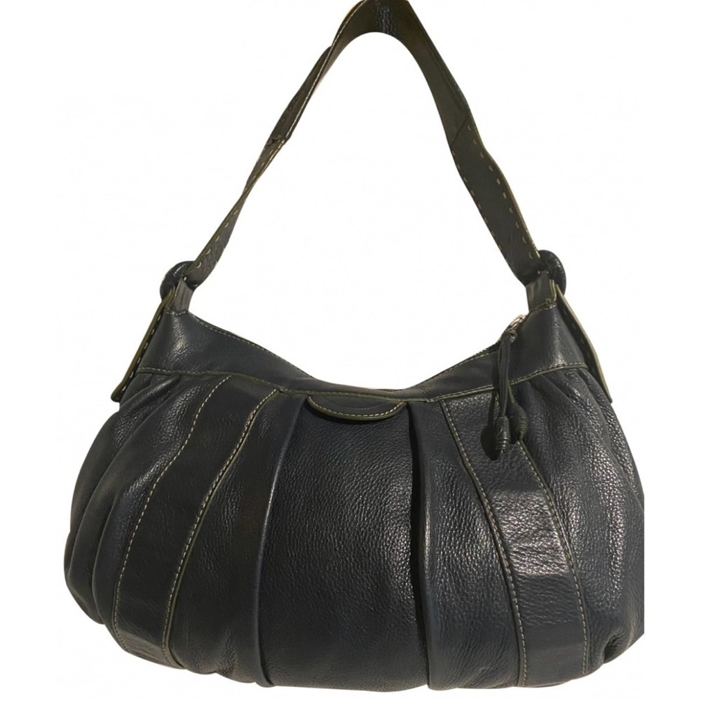 Cole haan navy blue Leather Hobo Bag with Curved Design and Pleated Texture